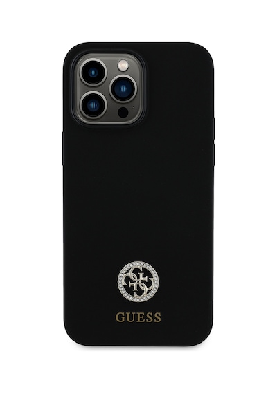 Apple Uyumlu iPhone 14 Pro Max Kılıf Guess Lisanslı Yazı Ve Taşlı 4g Logolu Silikon Kapak Siyah