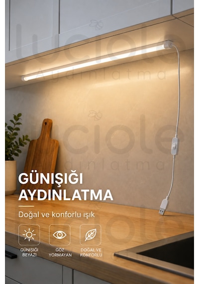 Mutfak Dolap Altı Günışığı Led Çubuk 100 Cm Usb 5v Anahtarlı Yapışkanlı Tezgah Raf Işığı