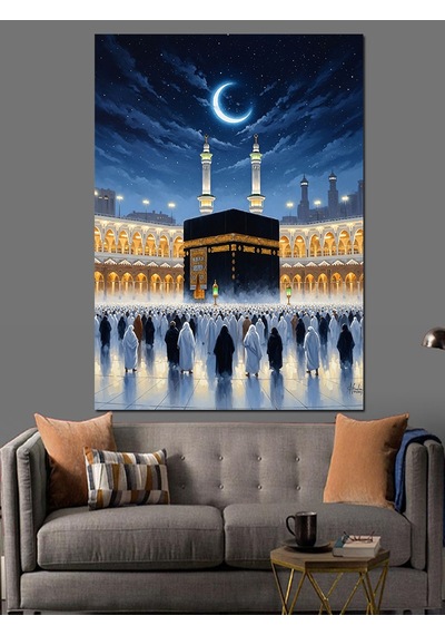 Ay Işığı Altında Kabe Görseli Dekoratif Kanvas - Mdf Ahşap Tablo
