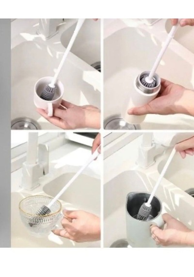 Silikon Uzun Saplı Kavanoz Yıkama Fırçası Şişe, Kavanoz, Bardak Ve Termos Temizleyici Gri - Beyaz