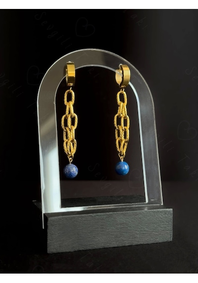 Lapis Lazuli Doğal Taşlı Gold Çelik Küpe Sevgili Takı Koleksiyonu Gold