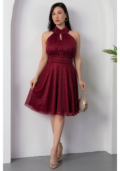 Kalopya 13376 C Yaka Simli Tül Elbise Bordo