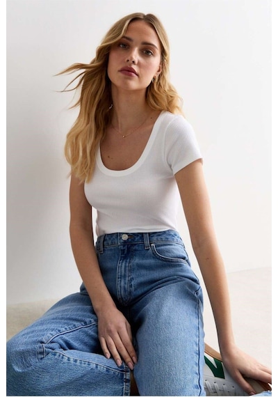 Rooted Kadın Kare Yaka T-shirt & Bluz , Likralı Fitilli Kaşkorse Kumaş Beyaz