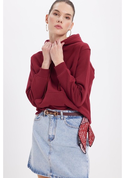 Tudors Kadın Relax Fit Rahat Kesim Pamuklu Kapüşonlu Kanguru Cepli Bordo Sweatshirt-39939 Bordo