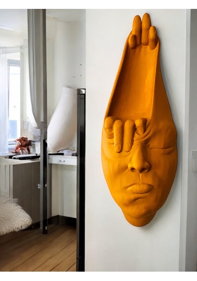 Soyut 3d Yüz Heykeli Modern Duvar Sanatı El Yapımı Dekoratif Mask 48x18 Cm Heykel Duvar Dekoru