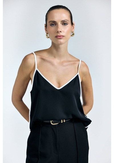 Sateen Kontrast Askılı Bluz - Siyah-137317