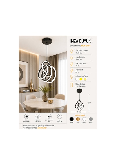 Mdr İmza Büyük Led Avize Modern Salon Avizesi Dekoratif Sarkıt Aydınlatma 3 Renk Işık Ve 4 Renk Beyaz