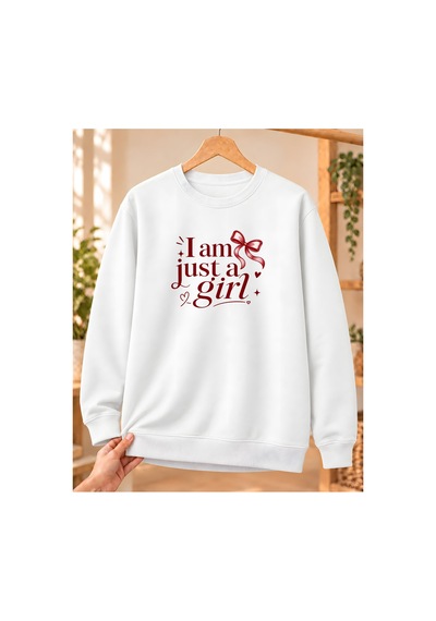 Mor Mürekkep Kadın %100 Pamuk 3 İplik Şardonlu I Am Just A Girl Baskılı Bisiklet Yaka Sweatshirt Beyaz