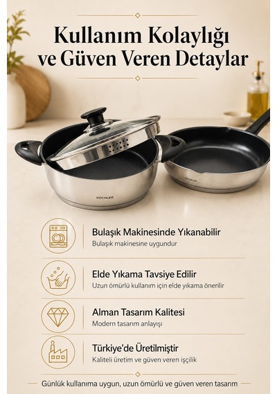 22 Cm Seramik İç Yüzeyli Çelik Tencere Tava Seti, Süzgeçli Cam Kapaklı 3 Parça, Tüm Ocak Uyumlu Gümüş