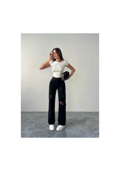 Blue Marlin Kadın Lazer Yırtık İşlemli Boyfriend Kot Bol Paça Pantolon Siyah