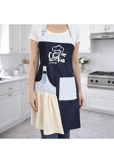Bk Gift Kişiye Özel İsimli Pamuk Denim Havlu Detaylı Mutfak Önlüğü -5, Aşçı Ve Şef Önlüğü, Anneye  Kobitmeyencom36561 Bk Gift Renkli