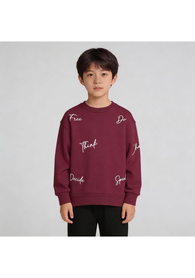 King-Brich Bisiklet Yaka Nakışlı Oversize Kalıp Çocuk Sweatshirt Bordo