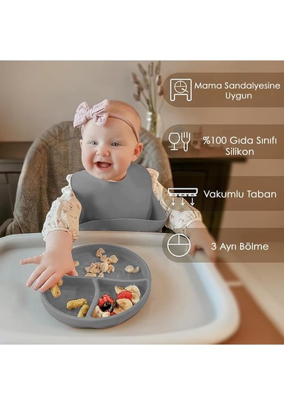 Meleni Baby 3'lü Silikon Beslenme Seti - Silikon Mama Önlüğü Vakum Tabanlı Tabak Diş Kaşıyıcılı Kaşık Antr Genel