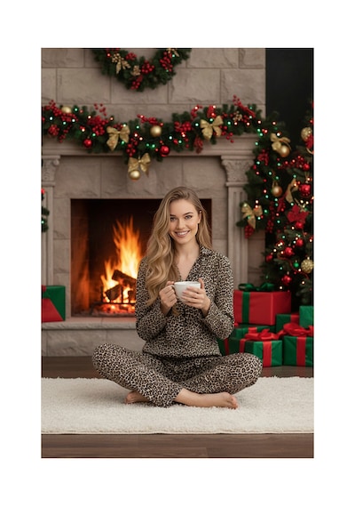Rindahomewear Leopar Desenli Kadın Yumuşak Dokulu Süet Düğmeli Pijama Takımı Kahverengi Leopar
