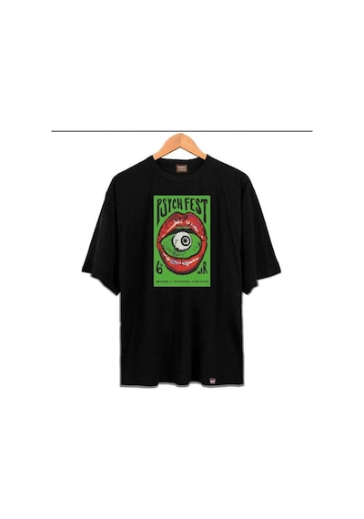 Flood Of Style Erkek Siyah Psych Fest Oversze Bisiklet Yaka Tshirt