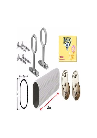 Askılık Borusu Oval 50cm +2 Adet Oval Ayaklı Flanş +2 Adet Oval Sabit Flanş + Montaj Vidaları Set Do