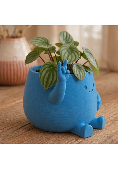 3d Baskı Smiley Face Planter - Gülümseyen Karakterli Saksı-mavi