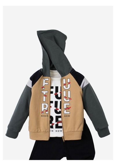 Future Baskılı Kapüşonlu Pamuk Bebek Takım 3 Lü Takım Hırka Sweatshirt Alt Bej