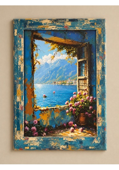 Ahşap Avangard Çerçeve Desenli Taş Duvar Ve Göl Manzaralı Dekoratif Ahşap Tablo 52x72 Cm