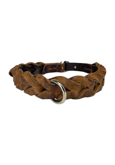 Hakiki Deri Örgü Köpek Tasması Taba, M 30-40cm