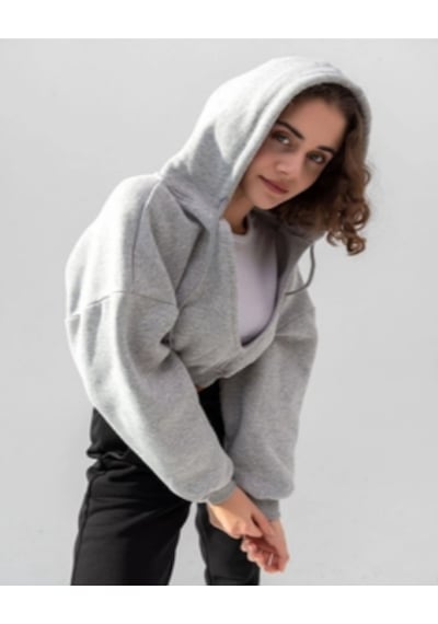 Kadın Kapüşonlu V Yaka Crop Kalın İçi Polarlı Örme Sweatshirt Gri