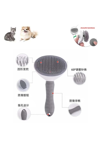 Gri Otomatik Kolay Temizlenen Evcil Hayvan Fırçası Kedi Tarağı Köpek Tarağı Ebat: 19 Cm X 10 Cm