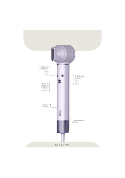Sinbo SHD-1719 Pro Compact Uzun Multi-Syler Hava Üfleme 5in1 Saç Şekillendirici Bldc Motor Mor