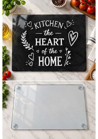 Gökçeoğlu Cam Kesme Tahtası Kitchen The Heart Of The Home Temalı Siyah- Cam Kesme Tablası 20cm X 30cm Çok Renkli