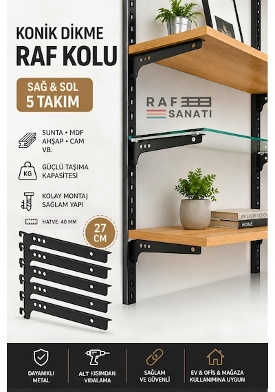 5 Takım Raf Destek Kolu 27 Cm 40 Hatve Ahşap Mdf Sunta Cam Raf Tutucu Raf Kolu Siyah