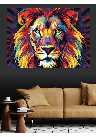 Ahşap Tablo Renkli Aslan Başı Pop Art