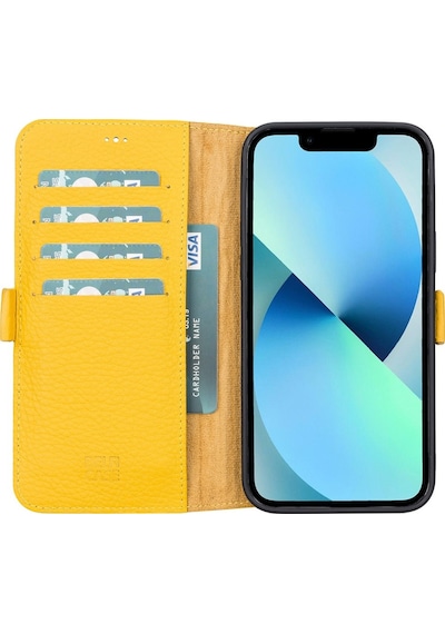 Apple Uyumlu iPhone 13 Pro Deri Cüzdanlı Kılıf Limon Sarı