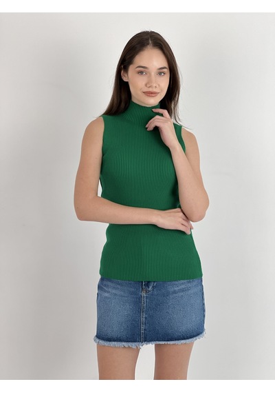 Miss Poem Kadın Boğazlı Balıkçı Yaka Kolsuz Basic K.yeşil Triko Bluz K.yeşil