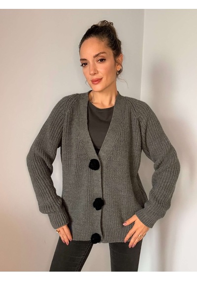 Ali Butik Antrasit Gül Motif Detaylı Triko Hırka Antrasit