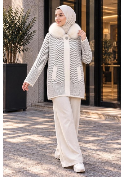 Ayda Ekru Kürk Detaylı Düğmeli Angora Kaban Ekru - 936666874 Ekru