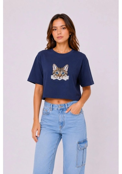 Kadın Kedi Baskılı Oversize Crop Tişört Salaş Basic Yarım Kol T-shirt - Lacivert Çok Renkli Kadın Kedi Baskılı Oversize Crop Tişört Salaş Basic Yarım Kol T-shirt - Lacivert Çok Renkli