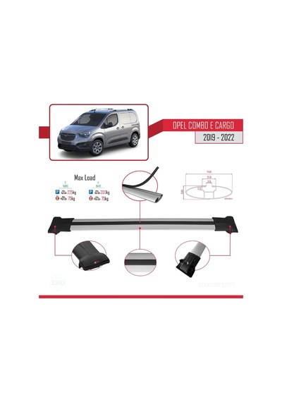 Opel Combo E Panelvan 2019-2022 Arası İle Uyumlu Fly Model Ara Atkı Tavan Barı Gri 3 Adet Bar