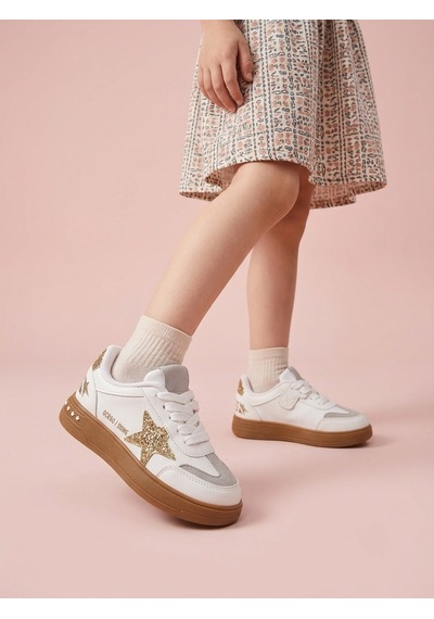 Hayo Cırtlı Süs Bağcıklı Yaldız İşlemeli Kız Çocuk Rahat Hafif Sneaker Spor Ayakkabı Beyaz - Altın Hayo Cırtlı Süs Bağcıklı Yaldız İşlemeli Kız Çocuk Rahat Hafif Sneaker Spor Ayakkabı Beyaz - Altın