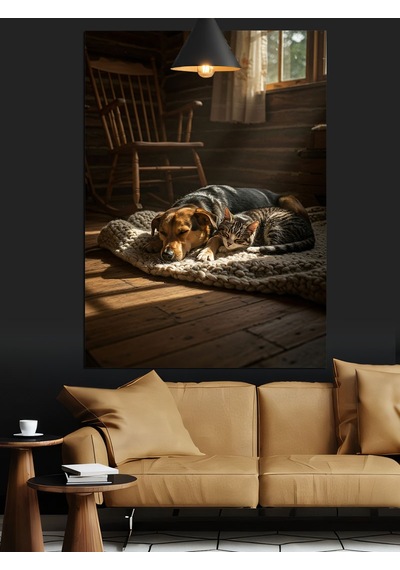 Uyuyan Kedi Ve Köpek Dekoratif Kanvas - Mdf Ahşap Tablo