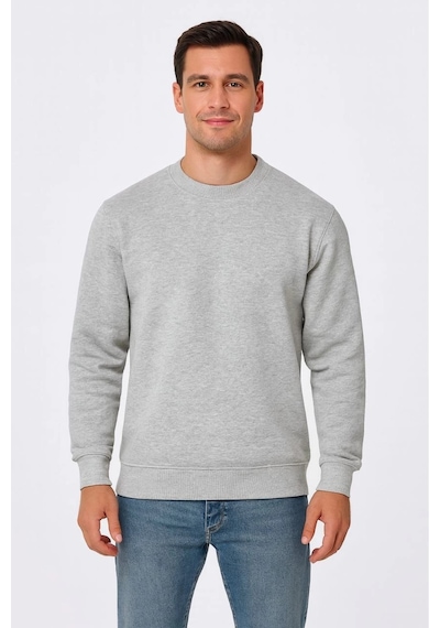 Erkek 3 İplik Pamuklu Düz Bisiklet Yaka Sweatshirt - Gri