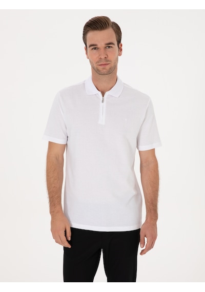 Beyaz Regular Fit %100 Pamuk Fermuarlı Polo Yaka T-shirt