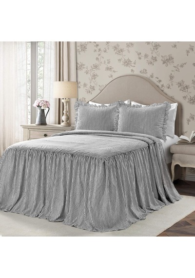 Lexroo Yatak Örtüsü, Çizgili Desen, Eskitilmiş Şık Tarzı, Hafif, 3 Parçalı Set, Siyah