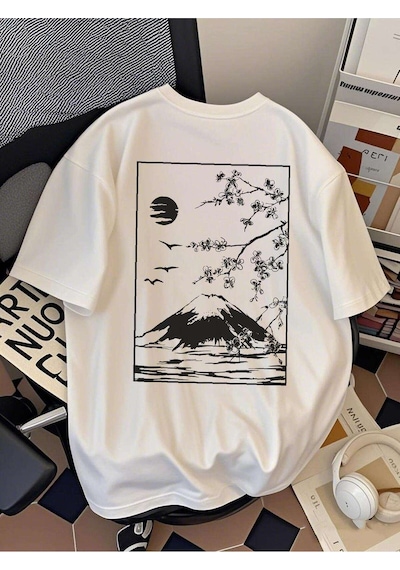 Uyguntarz Unisex Dağ Baskılı Tasarım Tshirt Beyaz