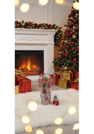 Gençlere Özel 2'li Kombin Noel Seti Geyik Desenli 450 Ml Suluk & Işıklı Eldiven Kar Küresi 6.5 Cm Çok Renkli