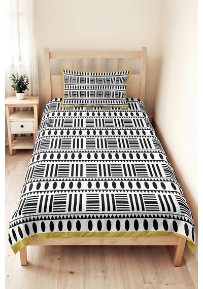 Siyah Beyaz Geometrik Modern Pike Takımı - Etnik Minimal Hardal 160x220 Cm Mevsimlik Yatak Örtüsü Haki