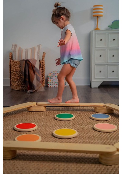 Montessori Ahşap Denge Kirişi, Denge Tahtası, Basamak Taşları, Aktivite Çocuk Oyuncağı 4 Sopa+4 Taş