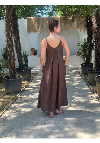 Yazlık Keten Askılı Oversize Elbise Kahverengi