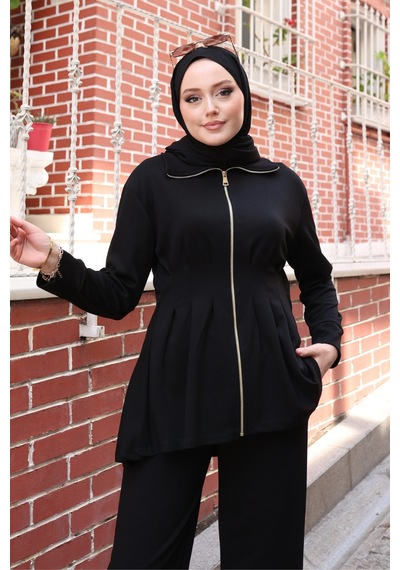 Balenbi Kadın Oversize Kesim Beli Pileli Ful Fermuarlı Modal Takım 1235 Siyah