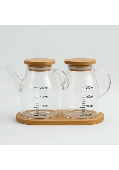 Mini Yağdanlık Ve Sosluk Seti, Bambu Stantlı Ve Vakumlu Bambu Kapaklı, 2'li 200 Ml Salata Seti Ahşap
