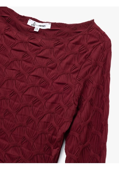 Koton Uzun Kollu Dokulu Kayık Yaka Slim Fit Crop Tişört Bordo 6wal10091ık Bordo