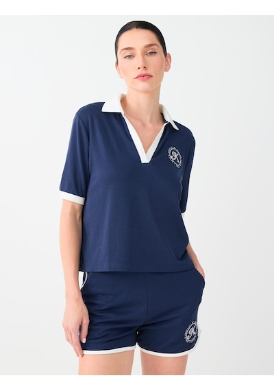 Jimmy Key Lacivert Polo Yaka Brode Detaylı Kısa Kol Bluz 6sw037190494